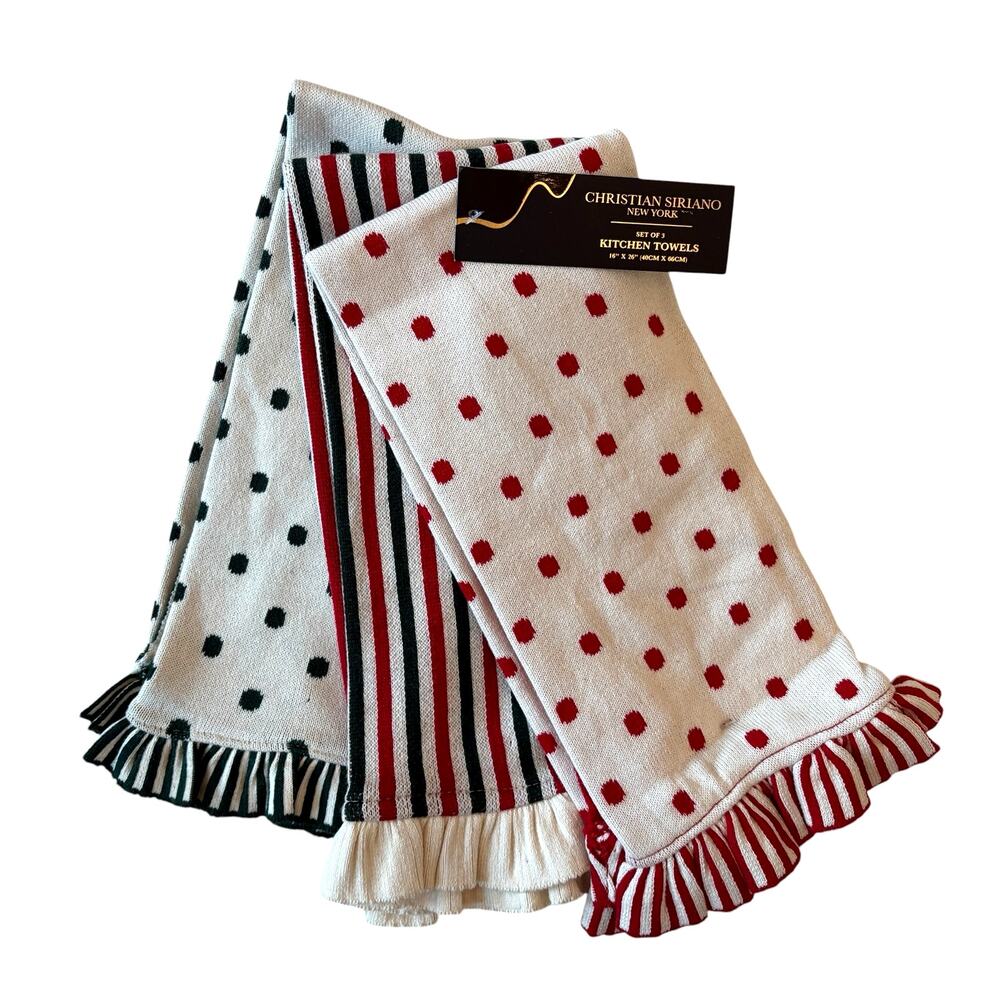 Christian Siriano Cotton Kitchen Towels 3pc Stripes Polka Dots Ruffle Trim NEW